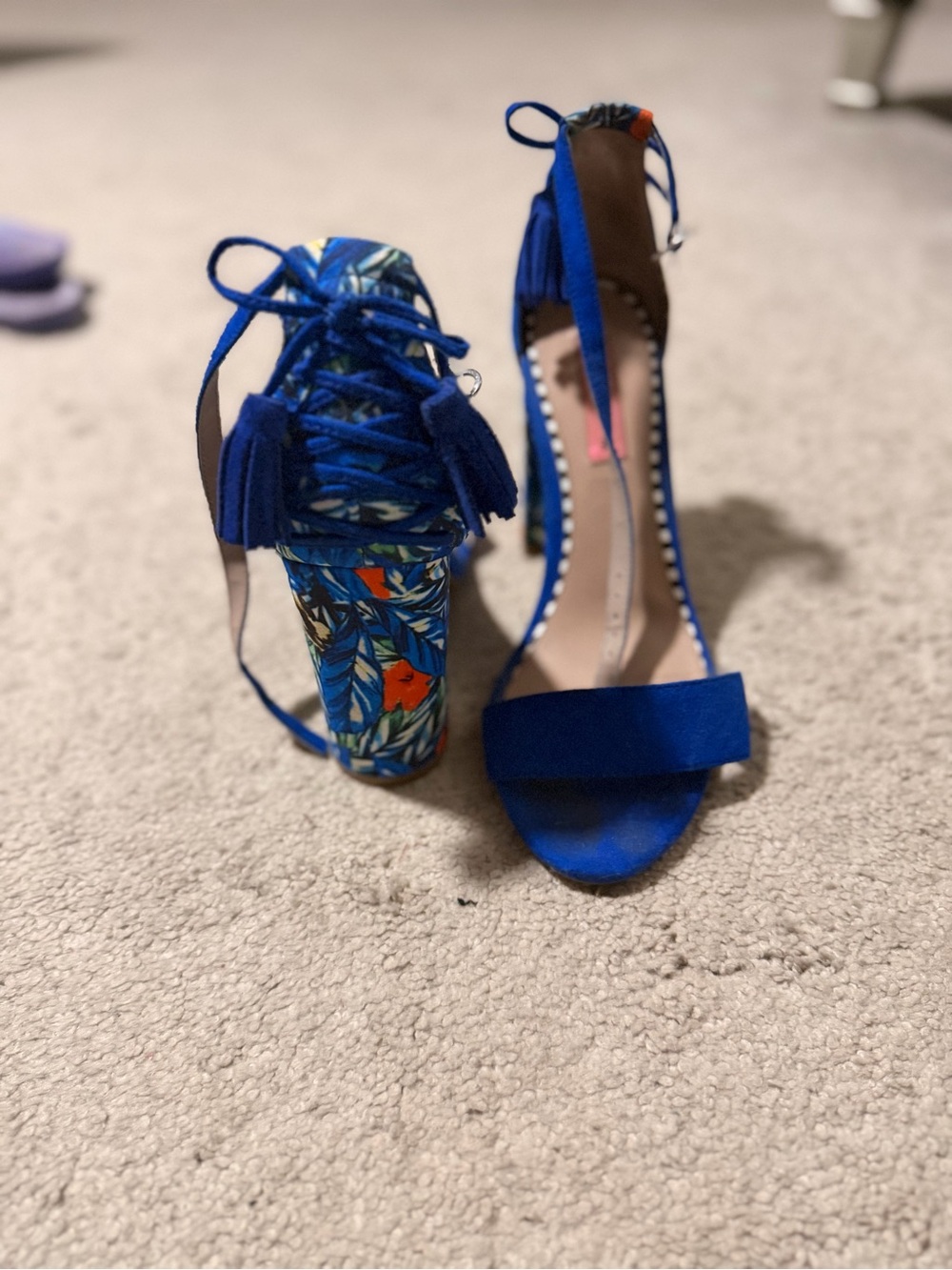 Blue Floral Block Heel Ankle-Strap Sandals